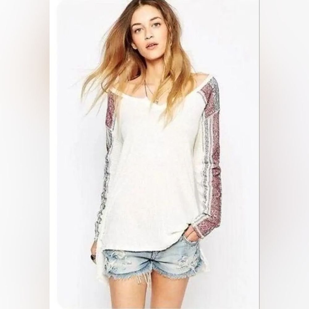 Free People Cream and Pink Long Sleeve Top